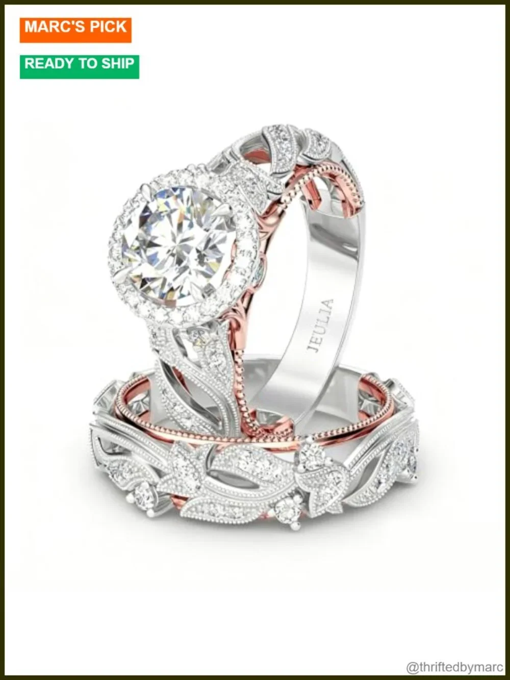 925 Sterling Silver Rose Gold Plated Wedding Ring Set Halo Engagement Promise